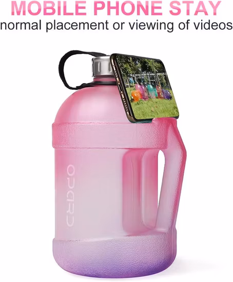 Jarro de água transparente de 1/2 galão, 2,2l com alça e suporte para celular para academia e esportes, garrafa de água grande sem BPA